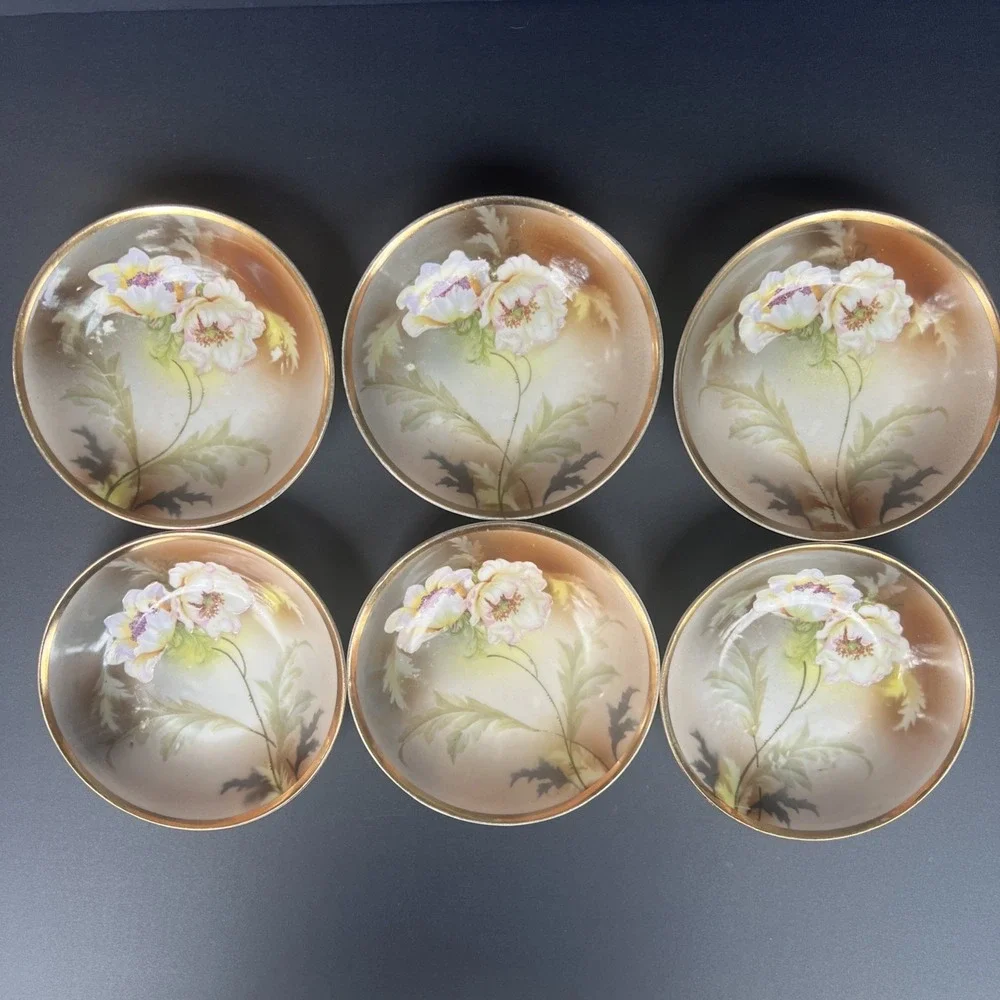 Antique RS Germany 3 Crown Berry Bowl 8 Pc Set Raised Enamel Poppy Floral Gold